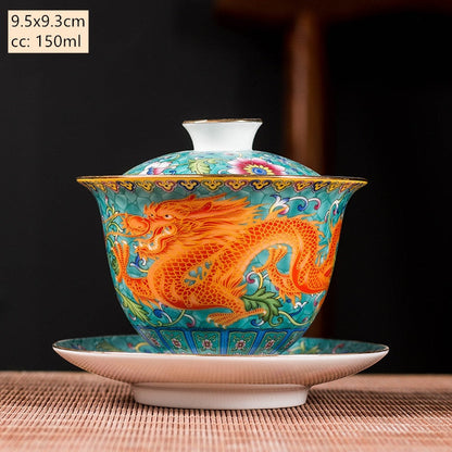 Ceramics Sancai Gaiwan Bowl Dragon och Phoenix Master Cup Tea Cup Handgjorda emaljfärg TEA BOWL High-End RECELD TEA SET