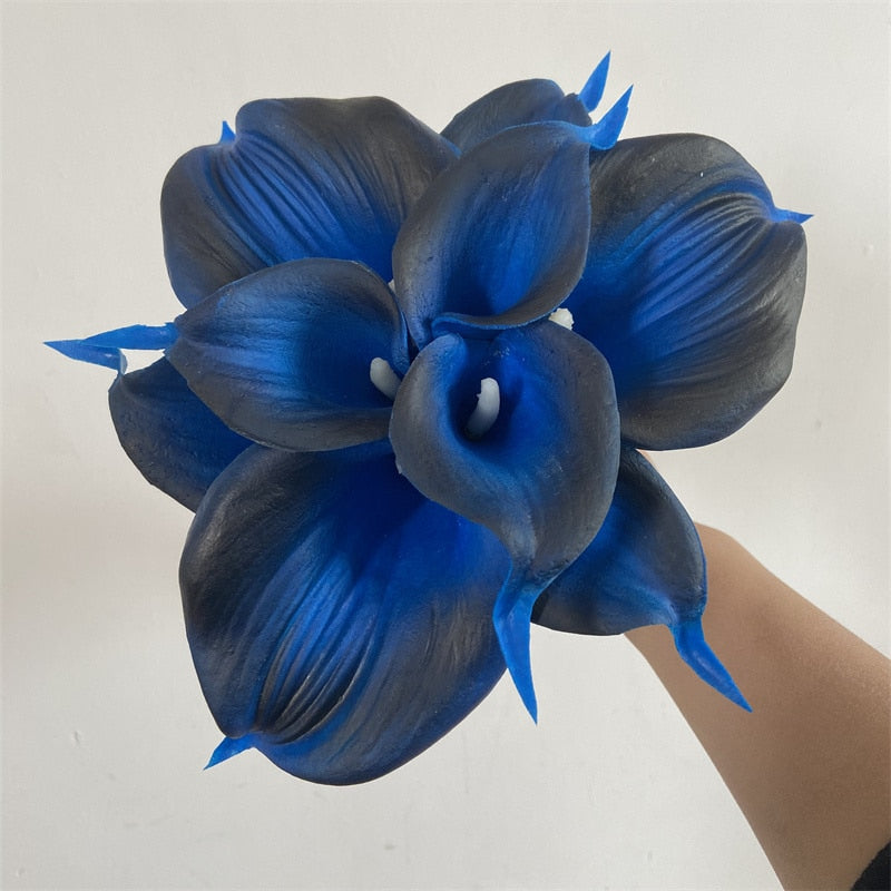 10 темно -синие синие каллы лилии pu Real Touch цветы свадебные украшения букеты центральные части фальшивые искусственные цветы дома украшение