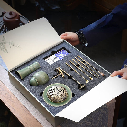 10 조각 Celadon Brass Seal 선물 상자 세트 PAN 향 용광로 재 압력 도구 DIY 가정 실내 씰 확장 액세서리