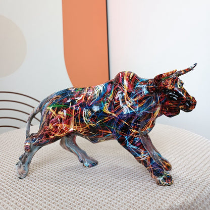 Graffiti Charging Bull Statue Resin Miami Animal Feng Shui Art Modern Sculpture Home Living Room Decoration Office Figurine Gift