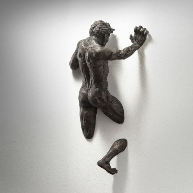 3D durch Wand Figur Skulptur Harz Galvanik Nachahmung Kupfer abstrakte Klettern Mann Statue Wohnzimmer Home Dekoration 