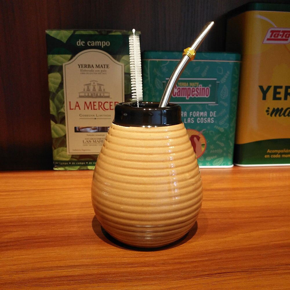 1 PC/Lot Yerba Mate Gourds Reliss Stripe Keramic Calabash Cups s bombilla filtrem a čisticím štětcem