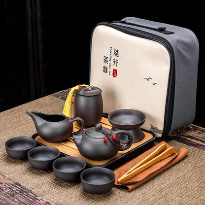 9 PCS Set TeaWere Retro Designer Cool Purple Sand Ceramic Teapot Set Travel Kong Fu Tea Kit Porselein Purple Sand Pot Infuser