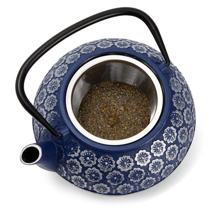 Gevşek yaprak çayı için infüzörlü mavi dökme demir Çin çaydanlık, sap ve çıkarılabilir kapak, 34 oz içerir