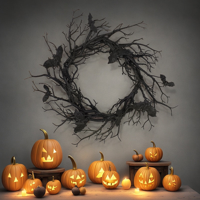 Halloween-Kranz, Fledermaus, schwarzer Ast, Kränze mit rotem LED-Licht, 45 cm, Kränze für Türen, Fenster, Blumengirlande, Halloween-Dekoration 