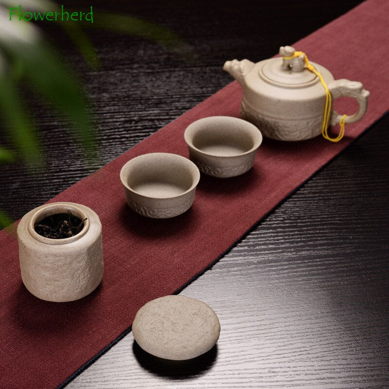 Yaratıcı Quartet Seramik Çay Caddy Retro Çin Kaba Çanak Çömlek Çay Depolama İmitasyon Taş Tahıl Mühürlü Siyah Çay Konteyneri