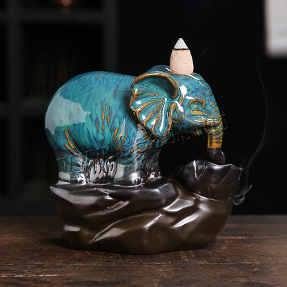 Blå elefant tilbagestrømning røgelse brænder Handicrafts keramisk røgelse Censer Holder Home Ornament Røg Vandfald Bærbar censer