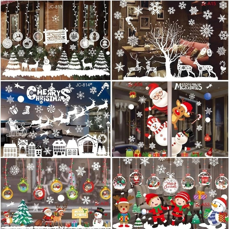 1Set Santa Claus Schneemann Elch Fenster Aufkleber Schneeflocke Elektro Wand Aufkleber 2023 Weihnachten Dekoration Für Zuhause Neue Jahr 