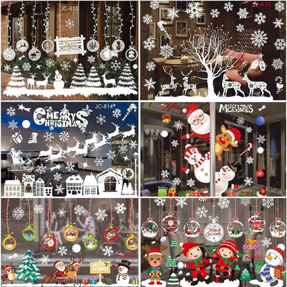 1Set Santa Claus Snowman Elk Window Stickers Snowflake Electrostatic Wall Sticker 2023 Hiasan Krismas untuk Rumah Tahun Baru
