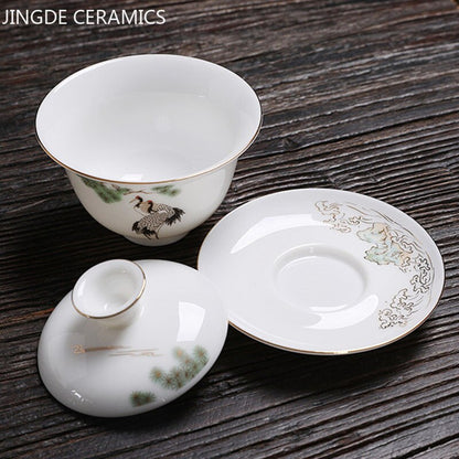 Jingdezhen Ceramic Gaiwan 중국 흰색 도자기 차 그릇 대기업 찻잔 접합 소퍼 세트 홈 티 메이커 티웨어 선물