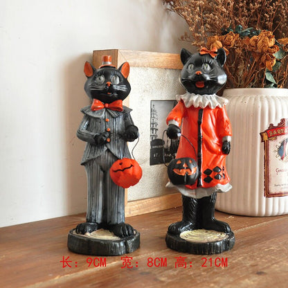 Vintage Ghost Skull -koriste käsinmaalattu musta kissan noita työpöydän veistos Hauska Halloween Decoration Ceraaminen käsityö syntymäpäivälahja