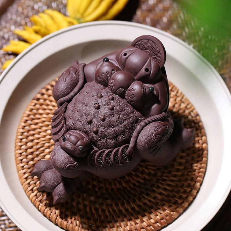 Thé de sable violet, décoration pour animaux de compagnie, grand crapaud doré fait à la main, Boutique de cérémonie de thé, sculpture de thé