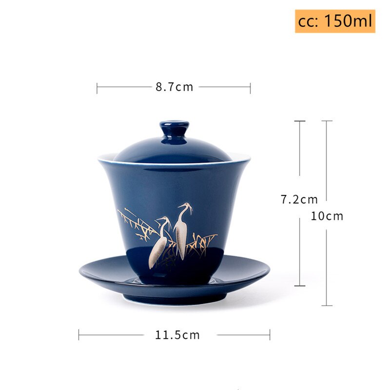 Blue Ceramic Gaiwan Tea Cup Portable Boutique Personal Tea Bowl med lock stora handgreppskål Hushållens tepetillbehör