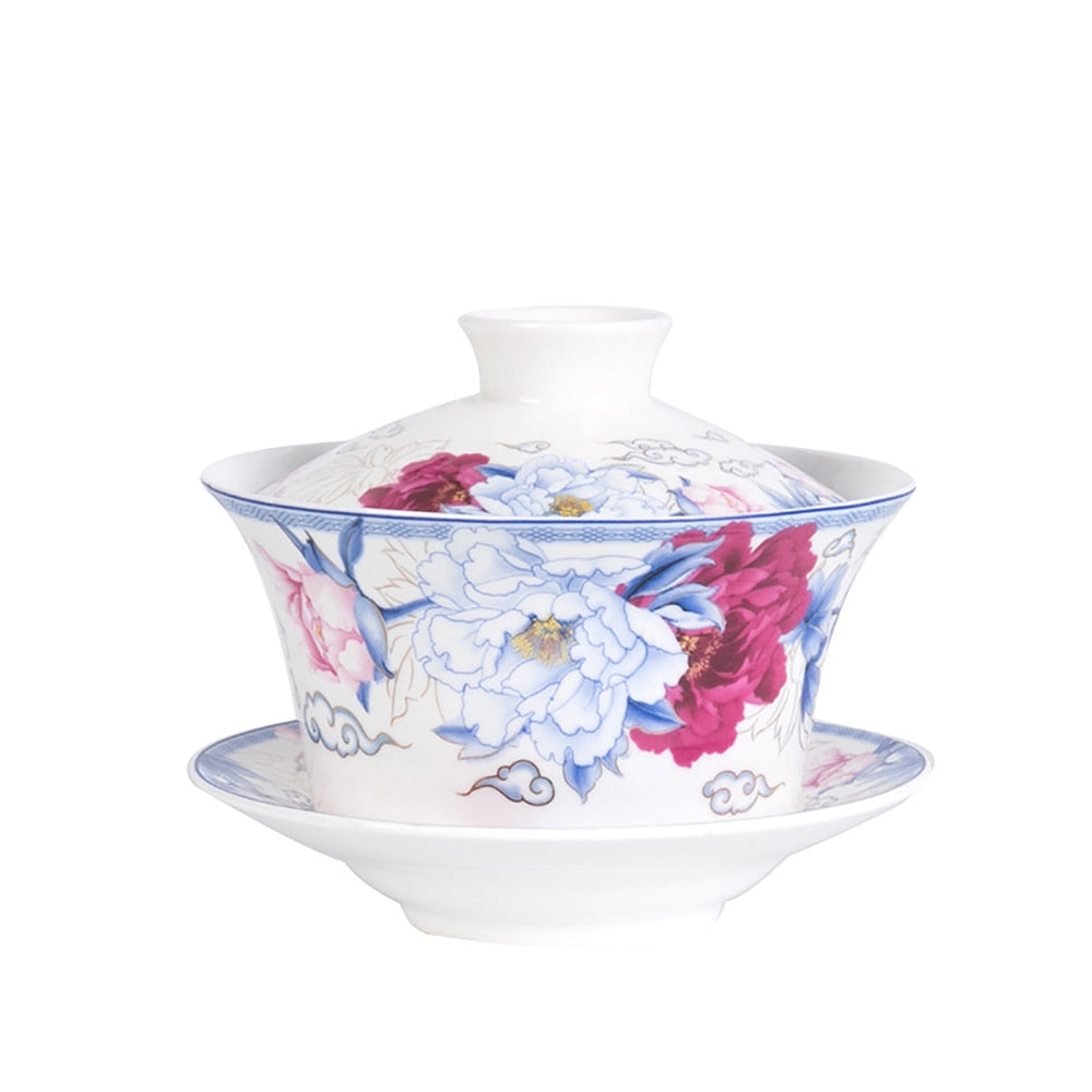 350 ml de cerámica de gran capacidad Copa de té Gaiwán Cazas de té chinas Sopa con tapa de tapa Dibujo de loto de porcelana Gaiwán para viajar