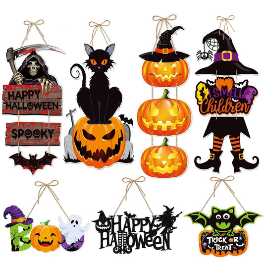 2023 Halloween Pumpkin Salting Sign Sign Spooky Brux Bat truque ou banner Banner Decoração da porta da frente Decorações de festas de Halloween Para casa