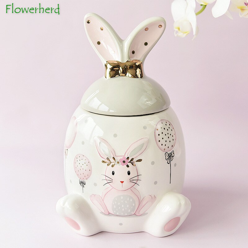 Large-capacity Pink Golden Rabbit Series Ceramic Tea Caddy Tea Container Home Cartoon Embossed Tea Storage Kitchen Canisters Set