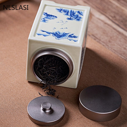 الصينية مربع السيراميك الشاي العلبة الصيني الاسود Tieguanyin حاويات السفر كيس شاي مختومة جرة علبة القهوة المطبخ التوابل المنظم