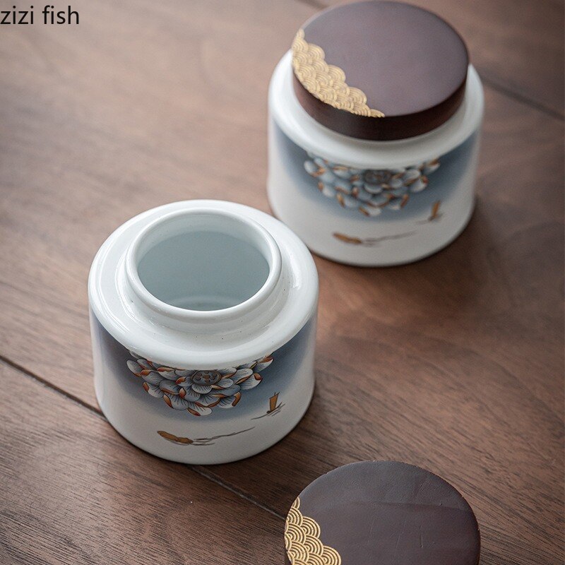 Caddy de té de cerámica Caja de regalo de 2 piezas Cubierta de madera Tanque de almacenamiento Frasco sellado Caja de té de té Recipe de té