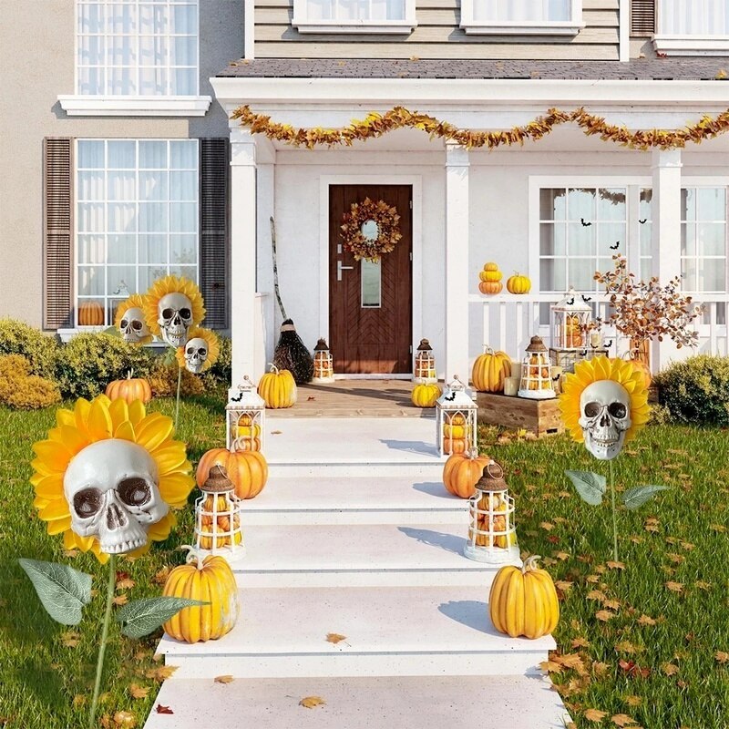 Skull Sunflower Halloween przerażający dekoracja domowa i ogrodowa horror sztuczny ornament kwiatowy na podwórko Deco Deco na zewnątrz Calavera