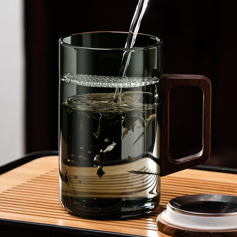 Cangkir teh gianxi dengan bulan sabit filter kayu jepang menangani gelas kaca tahan panas set pemisah teh cangkir teh cangkir teh