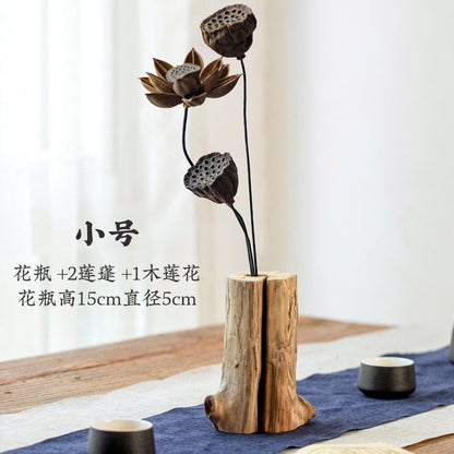 Kinesisk retro stue dekoration solid træ tørret blomster vase boligindretning te bordblomster arrangement lille blomster ware
