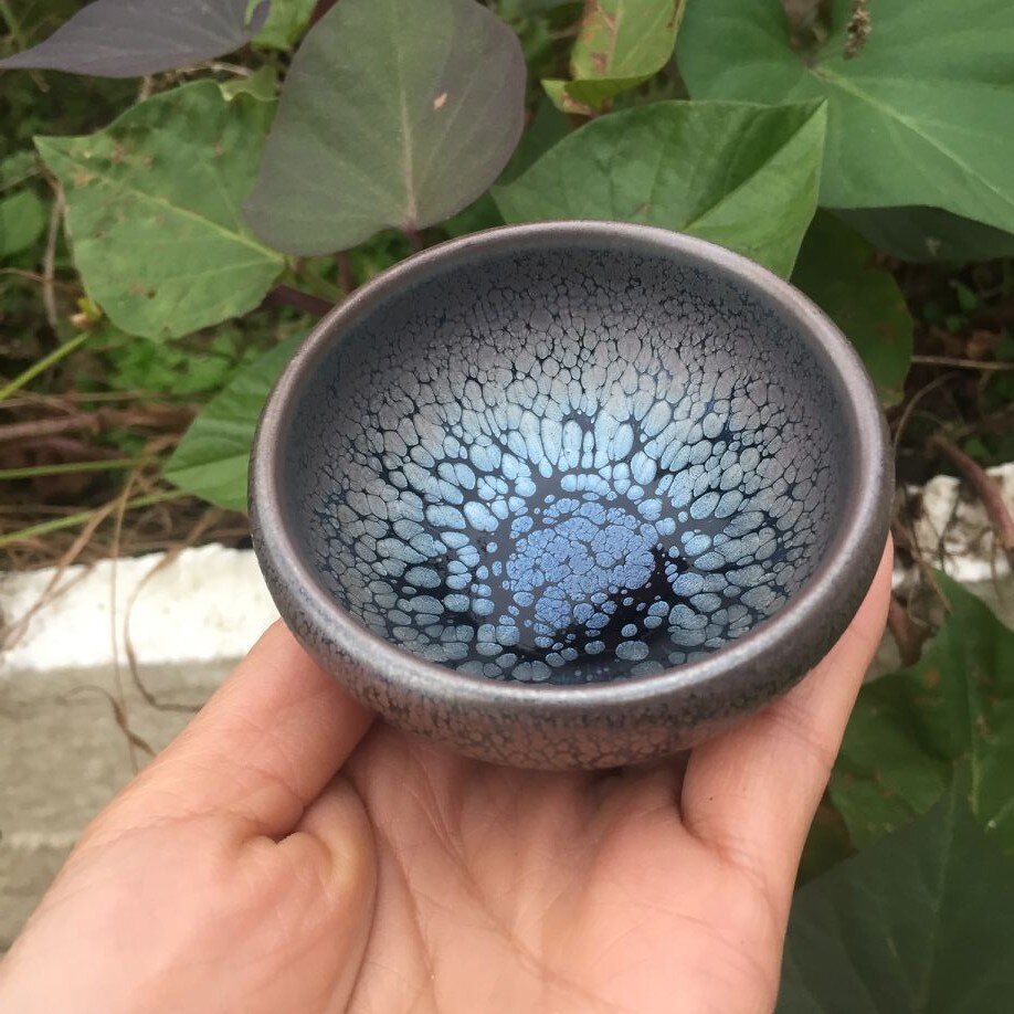 Tazón de té chino Jian Kiln con glaseado de petróleo Glaze pequeño Copa de té de tenmoku Cerámica natural Temporatura alta disparada ecológica