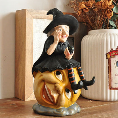 Vintage Ghost Skull Ornament Hand-malt Black Cat Witch Desktop Sculpture Fun Halloween Decoration Ceramic Craft Birthday Gave
