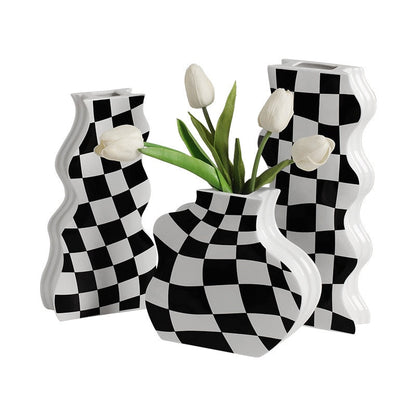 Vase en céramique noir et blanc, décoration en damier, Vase de fleurs séchées à haut sens, Arrangement de fleurs pour salon, décoration de la maison 
