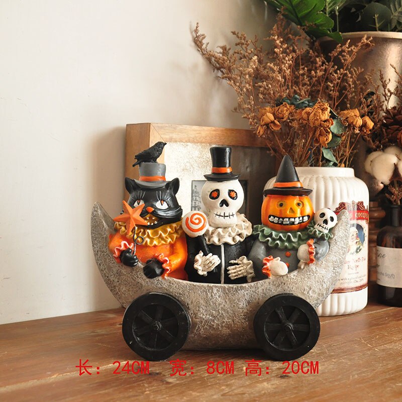 Vintage Ghost Skull Ornament Handmålad svart katt Witch Desktop Sculpture Fun Halloween Decoration Ceramic Craft Födelsedagspresent