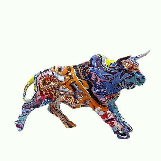 Graffiti Painting Resin Bull Figurines Home Living Room Bedroom Office Desktop Feng Shui Ornaments Collection Statues