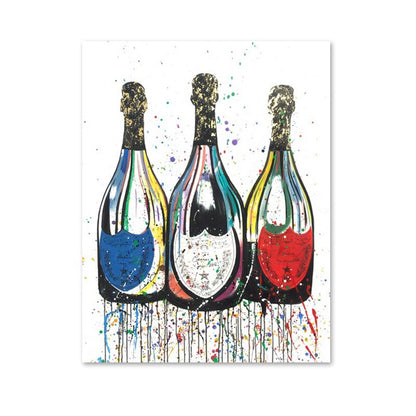 Красочная поп -арт холст рисовать плакат с шампанским бутылкой и печати современная абстрактная настенная картина для гостиной домашней декор