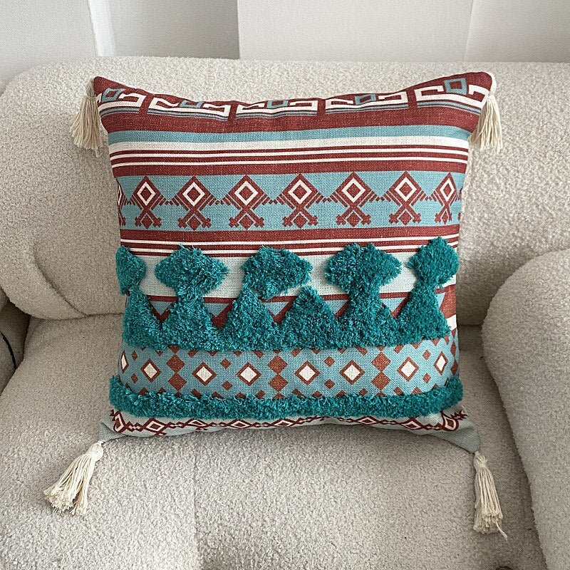 Nueva cubierta de la funda de almohada estampada de lino con mechones de estilo étnico bohemio famosa cojín decorativo