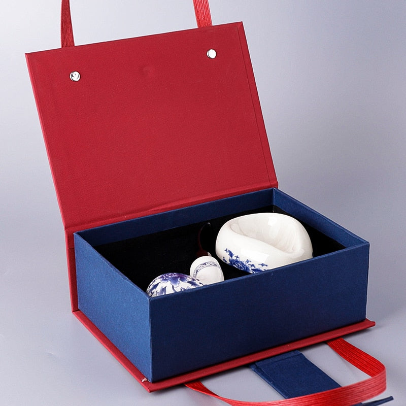 Klassische blaue und weiße Keramik, antike Keramikpfeife, Keramik-Ton-China-Pfeife, gebogene Pfeife, doppellagiges Geschenkbox-Set für Männer 