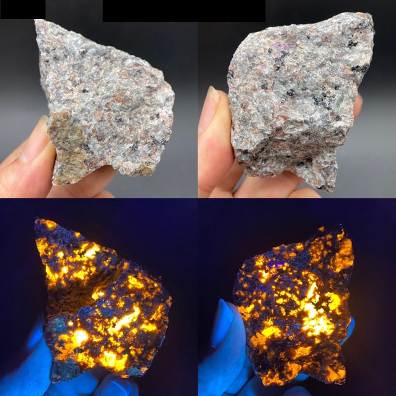 Natural Flame Fire Stone Syenite indeholdende fluorescerende sodalit mineral ru krystal langbølge UV 365nm opsamlingsprøver