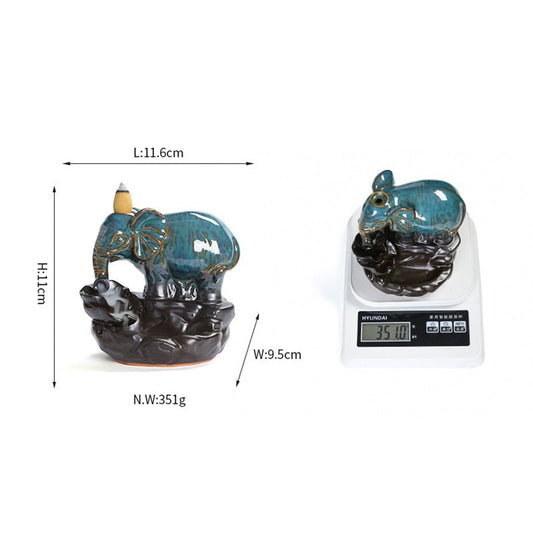 Blå elefant tilbakestrømningsrøkelsesbrenner håndarbeid keramisk røkelse sensurholder hjem ornament røyk foss bærbar sensur