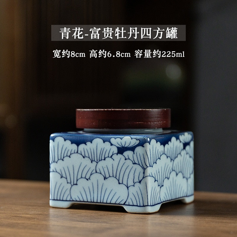 Blå og hvit te Caddy Ceramic Airtight Jar Trdeksel Fuktisstoffte Tea Box Tea Container Candy Jar Food Organizer Tea