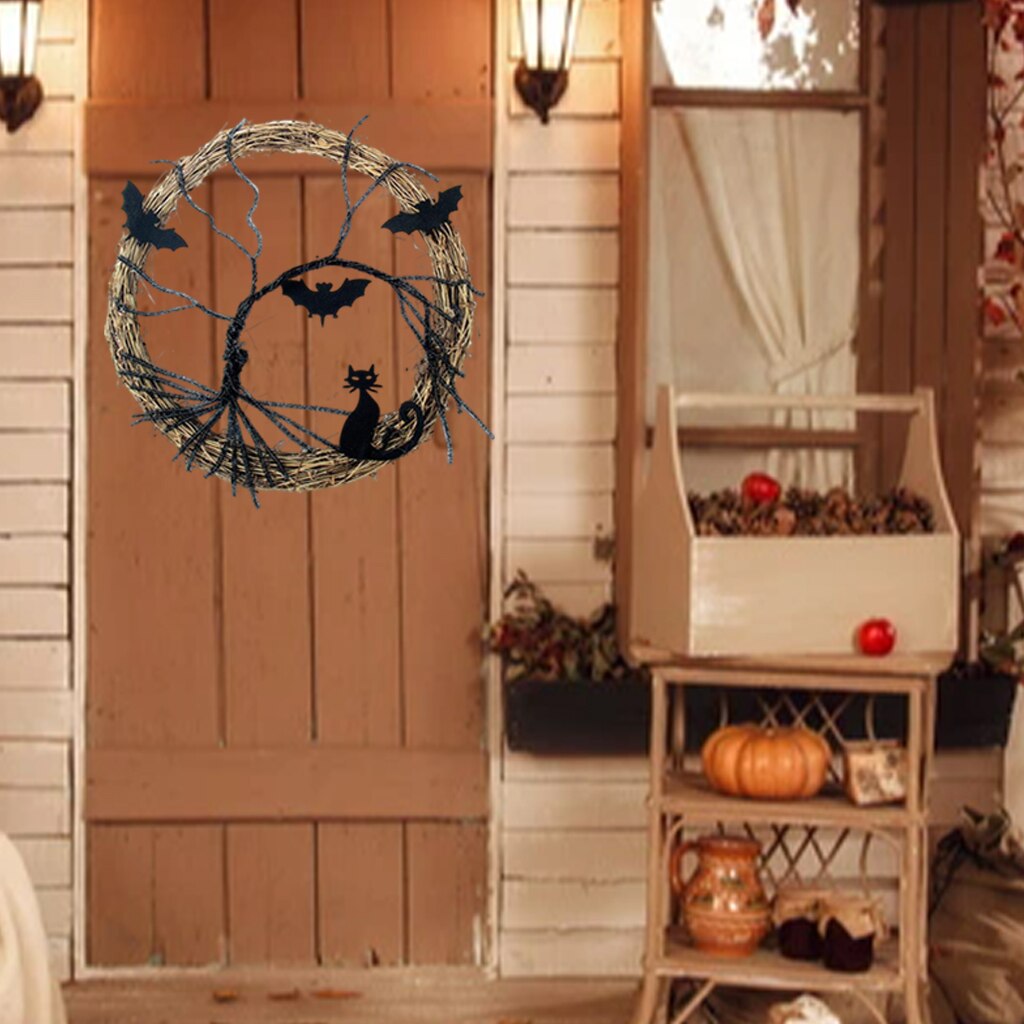 Halloween Wreath Light Up Adornores de accesorios Bat negro Gato Sprooky Fiesta Corona con guirnalda brillante para la puerta de la puerta delantera