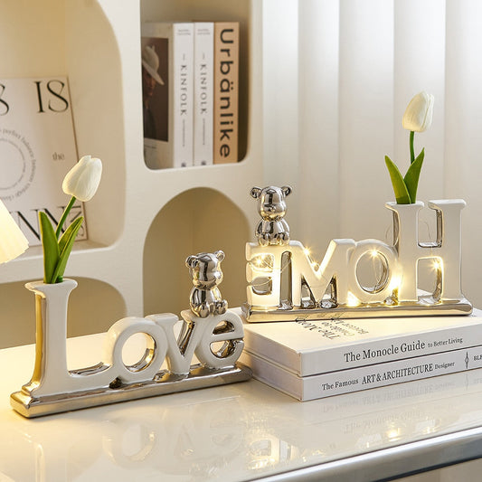 Love Bear Flower Ornaments Sculptures & Figurines For Interior Luxury Home Hiasan Ruang Tamu Patung Hiasan Pejabat