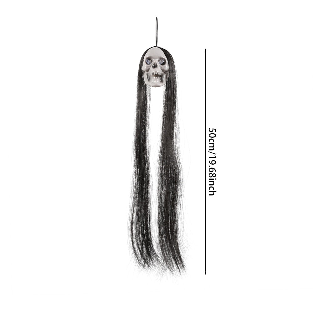 ハロウィーンハンギングゴーストスカル長い髪の輝く目テロスカルゴーストハウスヘッドスケルトン小道具