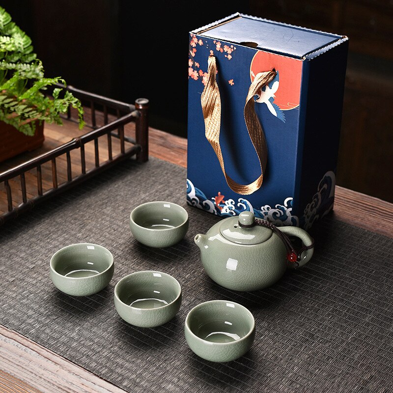 Ke Kiln Chinese Tea Set Teaware Kung Fu Travel Tee Setギフトボックス4カップのイベントギフトティーポットとカップセット付きティーポット