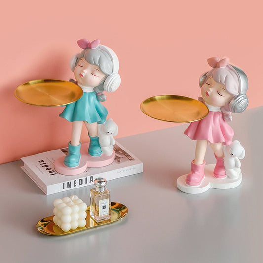 Nordic Girls Storage Statue Keys Snacks Cosmetics Storage Tray Music Dress Princess Sculpture Ornaments Craft Desktop Home Decor