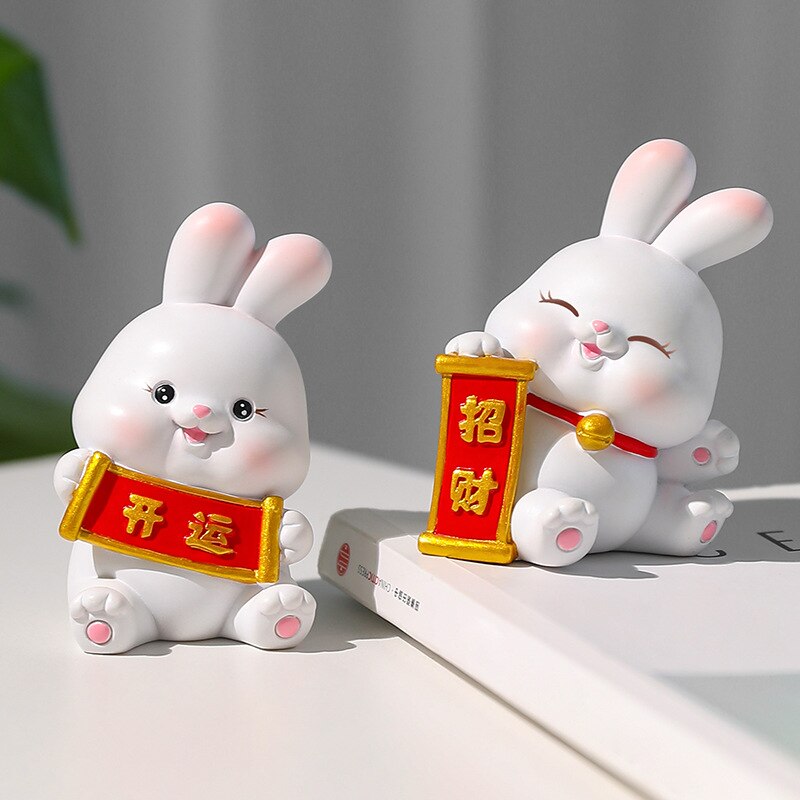 2023 Rabbit ornament Chinese New Year Kawaii Desktop Ornament Creative Resin Cake Decoration Children's Rabbit Zodiac Gift Give