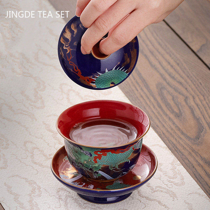 Emali väri kolme caiwan hieno keraaminen teekulho kansi -teekuppi kiinalainen teesarja Lahjat korkealaatuinen teefucer