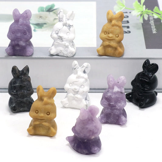 1.4" Cute Rabbit Statue Natural Stone Crystal Hand Carved Healing Animal Figurine Reiki Gemstone Craft Room Decor Holiday Gifts