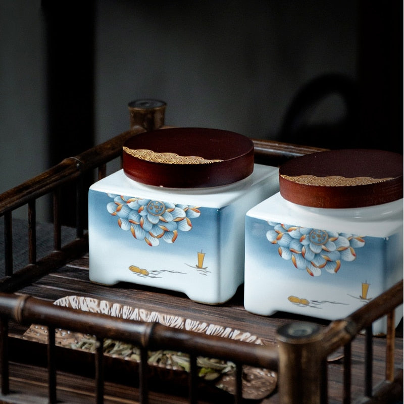 Blauwe en witte thee caddy keramische luchtdichte pot houten deksel vocht proof thee doos thee container candy jar voedsel organisator thee kan