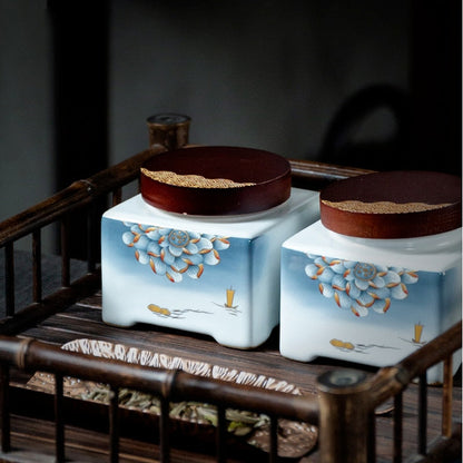 Modrý a bílý čaj caddy keramická vzduchotěsná nádoba dřevěná kryt vlhkost důkaz čaj čaj čaj čaj nádoba na bonbóny potraviny organizátor čaj může