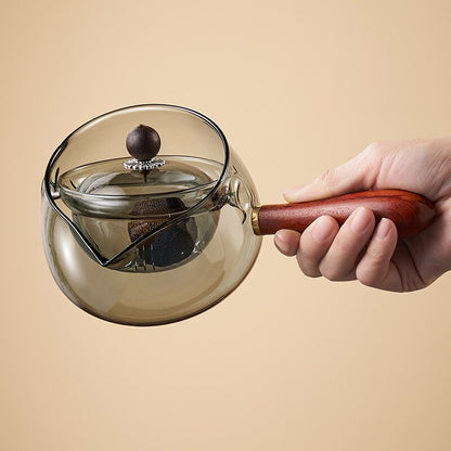 קומקום זכוכית עם ידית עץ טקס תה סיני תה טהור קונג פו תה שקוף בגדי תה סט צדדי קומקום זכוכית