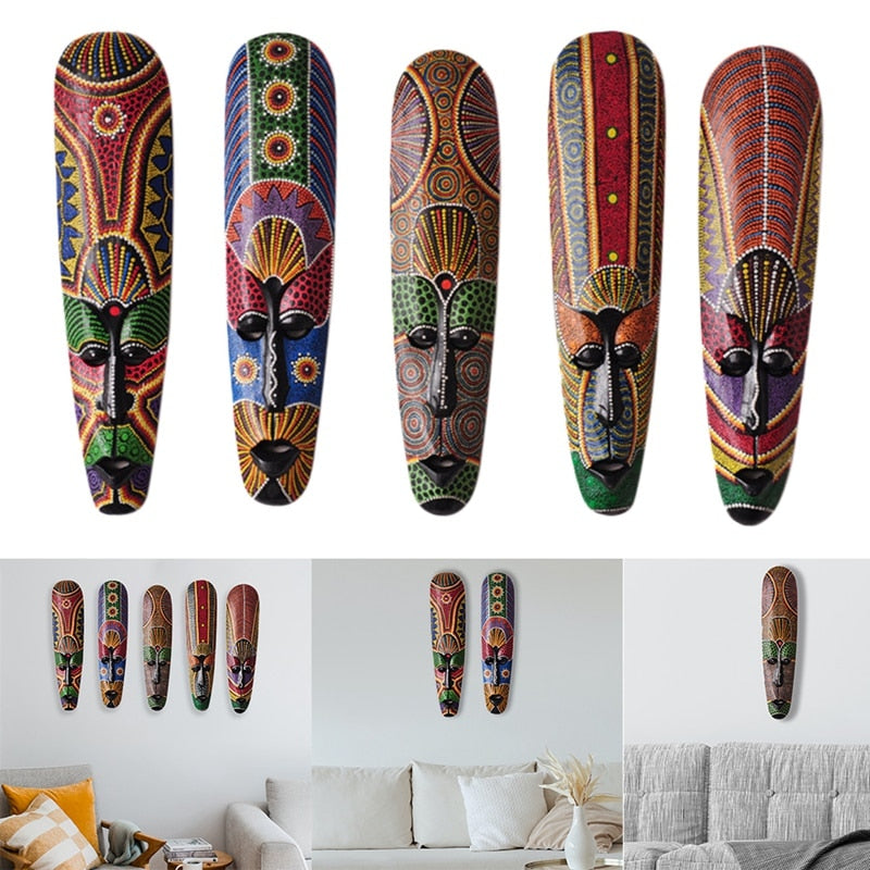 Wooden Mask Wall Hanging Solid Wood Carving Painted Facebook Wall Decor Bar Home Decorations African Totem Mask Crafts
