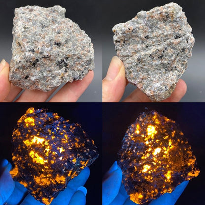 Natural Flame Fire Stone Syenite som innehåller fluorescerande Sodalite Mineral Rough Crystal Long-Wave UV 365Nm Collection Prover