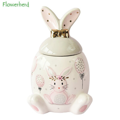 Grande Capacidade Rosa Golden Rabbit Series Ceramic Tea Caddy Tea Container de Cartoon Casa Caracters de cozinha de armazenamento de chá em relevo Conjunto